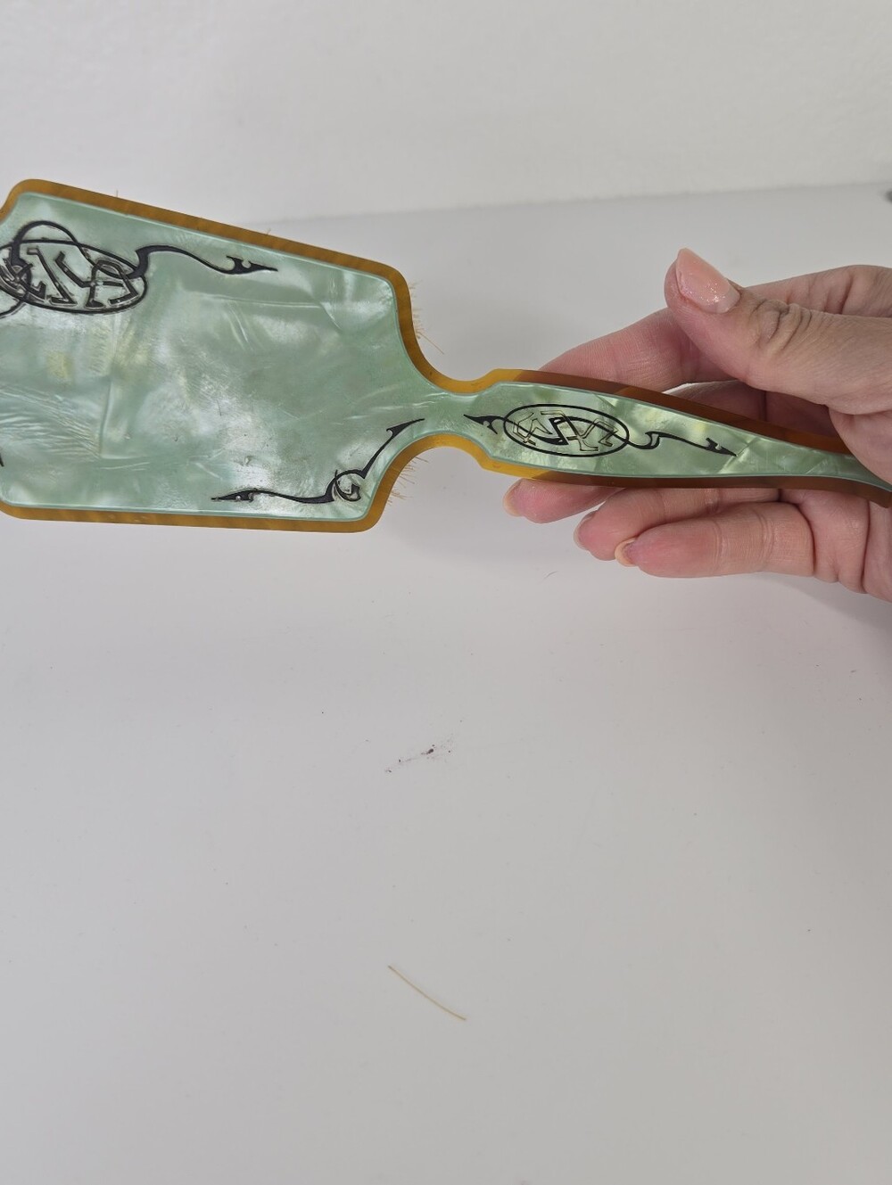 VTG Art Deco Green Pearlized Celluloid Vanity Hair Brush 1920s 30s  9" Art Nuvou - Picture 8 of 13